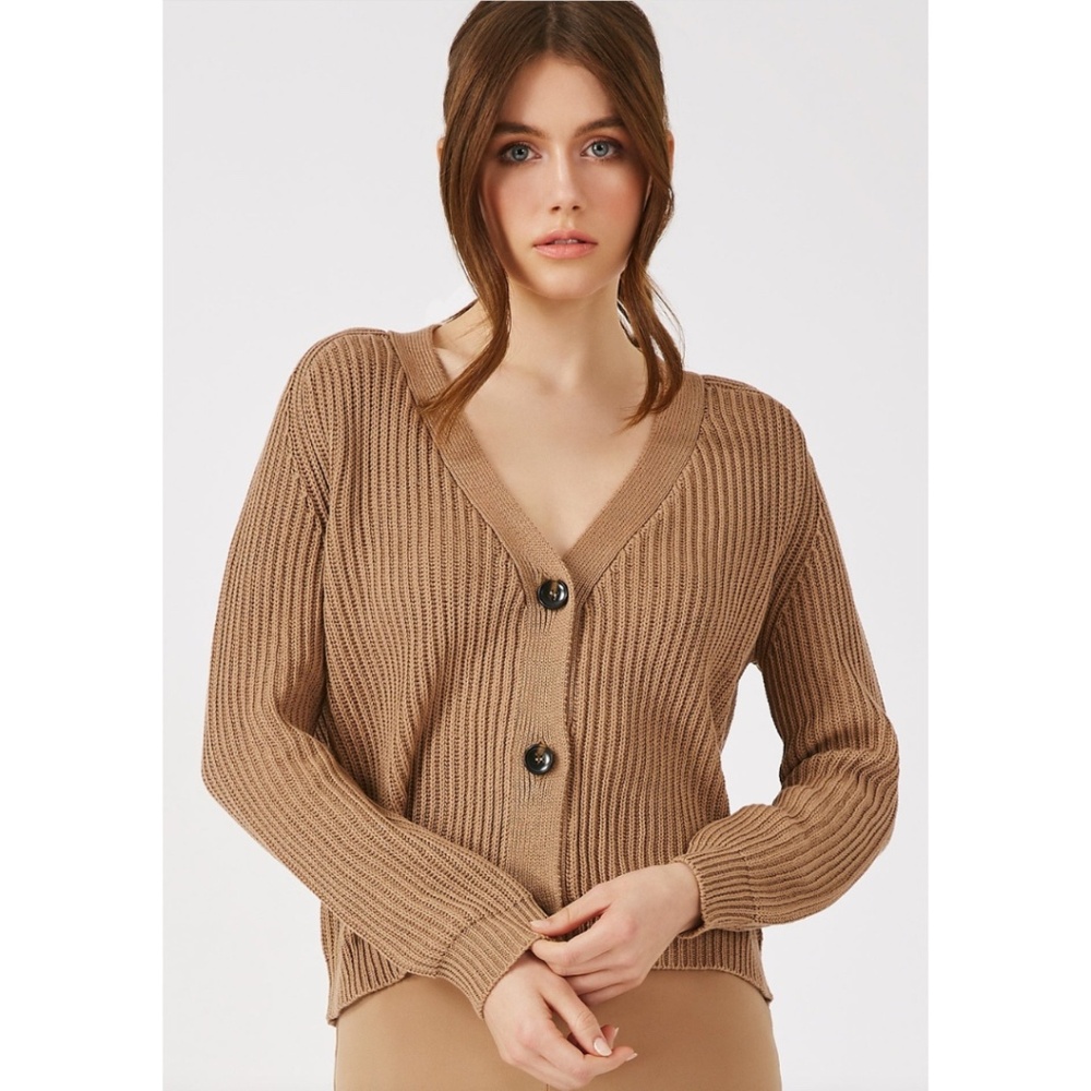 GREY/VEN Oliphant Combed Cotton Ribbed Cardigan in Desert Tan, Size Medium